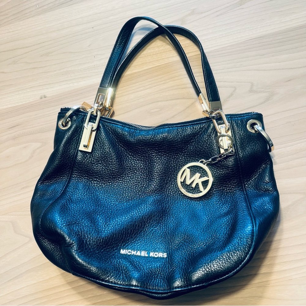 MICHAEL KORS Brooke Black Leather Medium Shoulder Tote Bag - Black and Gold